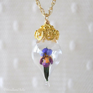 Purple Iris Flower Necklace - Glass Terrarium Pendant - Personalized Gift - Sterling Silver, Gold, or Rose Gold - by Woodland Belle