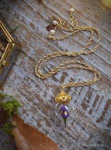 Purple Iris Flower Necklace - Glass Terrarium Pendant - Personalized Gift - Sterling Silver, Gold, or Rose Gold - by Woodland Belle