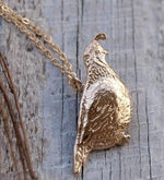 Load image into Gallery viewer, Quail Necklace - Bronze California Quail Bird Pendant - 14kt Gold Fill Chain - Mori Girl Necklace, Gift for Her by Woodland Belle
