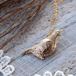 Load image into Gallery viewer, Quail Necklace - Bronze California Quail Bird Pendant - 14kt Gold Fill Chain - Mori Girl Necklace, Gift for Her by Woodland Belle
