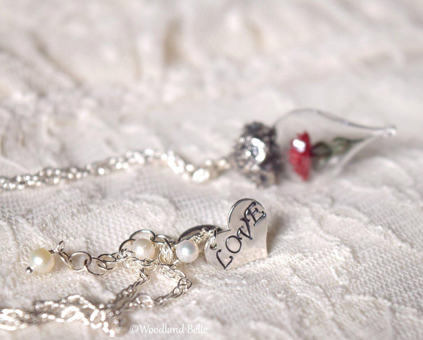Red Rose Necklace - Personalized Gift, Initials/Date - Sterling Silver, Gold, or Rose Gold - Glass Flower Pendant - by Woodland Belle
