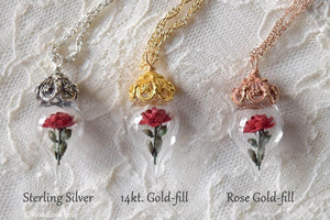Red Rose Necklace - Personalized Gift, Initials/Date - Sterling Silver, Gold, or Rose Gold - Glass Flower Pendant - by Woodland Belle