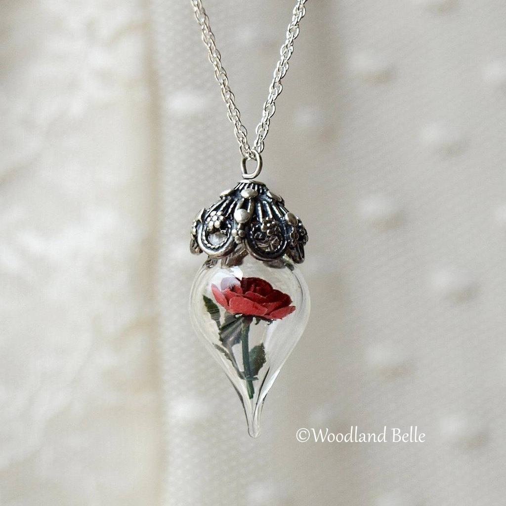 Red Rose Necklace - Personalized Gift, Initials/Date - Sterling Silver, Gold, or Rose Gold - Glass Flower Pendant - by Woodland Belle