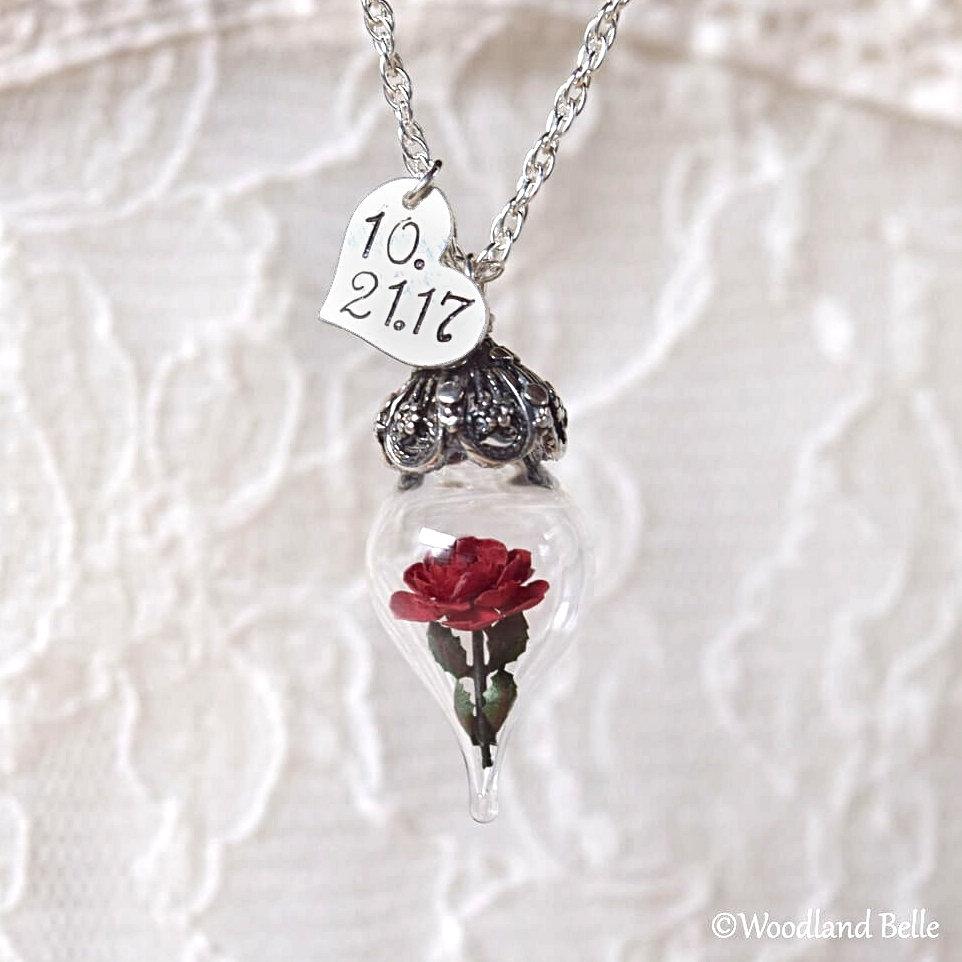 Red Rose Necklace - Personalized Gift, Initials/Date - Sterling Silver, Gold, or Rose Gold - Glass Flower Pendant - by Woodland Belle
