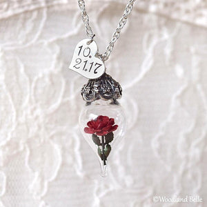 Red Rose Necklace - Personalized Gift, Initials/Date - Sterling Silver, Gold, or Rose Gold - Glass Flower Pendant - by Woodland Belle