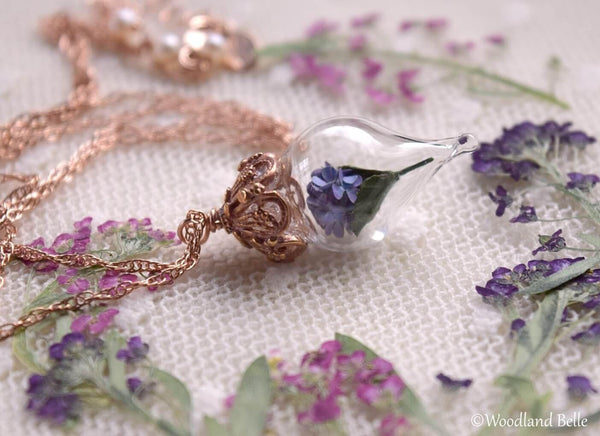 Rose Gold Purple Hydrangea Necklace - Pink Gold Glass Flower