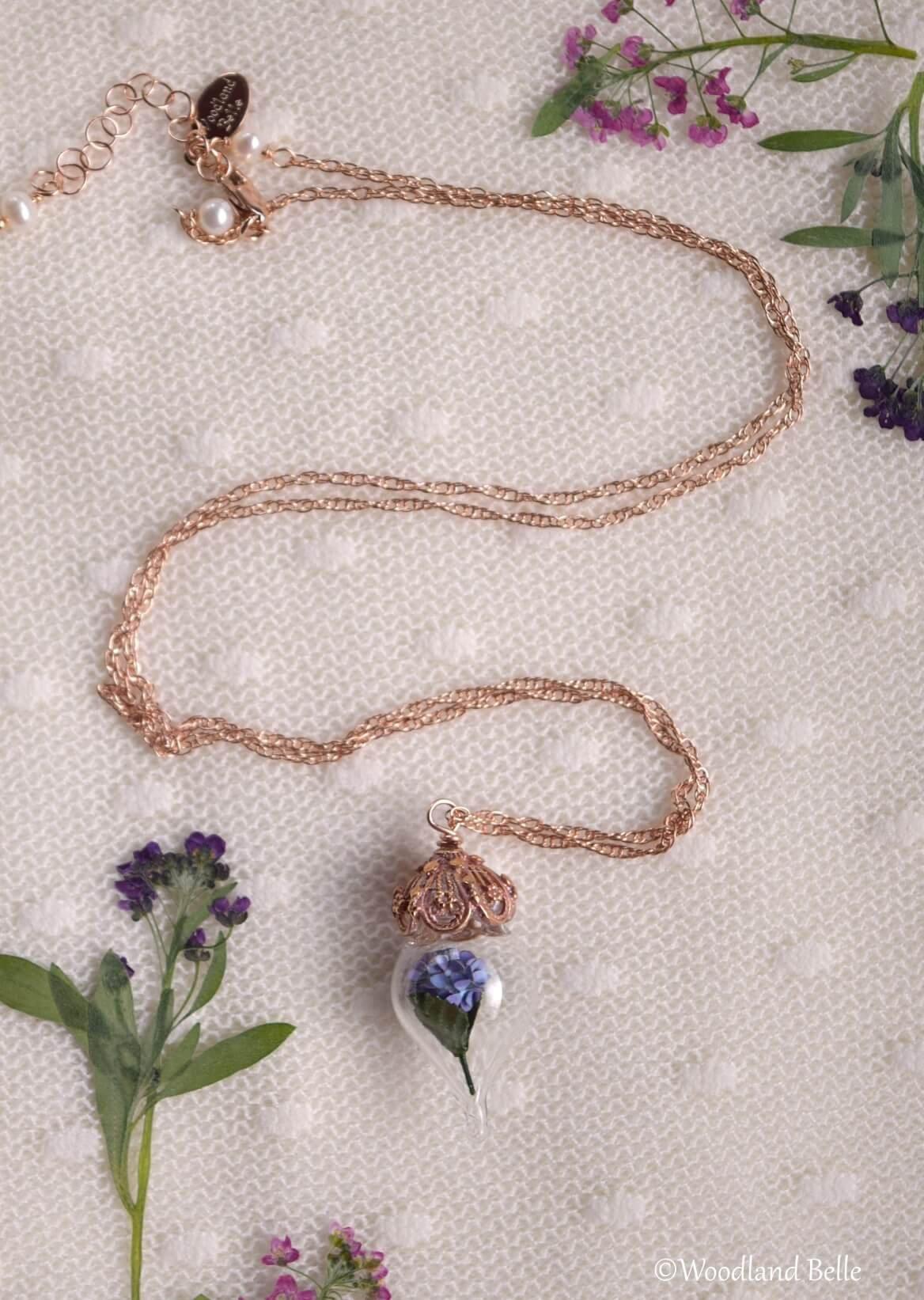 Rose Gold Purple Hydrangea Necklace - Pink Gold Glass Flower Pendant - Personalized Initials/Date - Cottagecore Necklace - by Woodland Belle