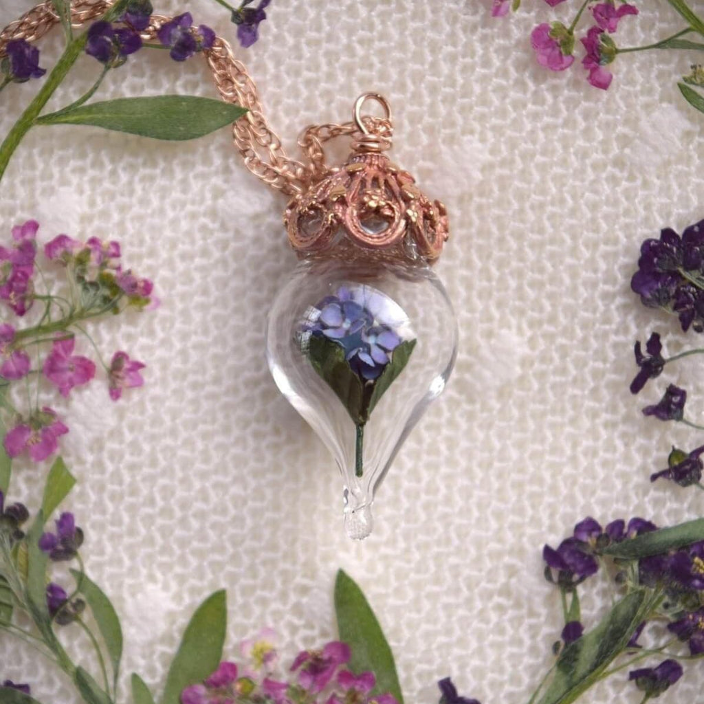 Rose Gold Purple Hydrangea Necklace - Pink Gold Glass Flower Pendant - Personalized Initials/Date - Cottagecore Necklace - by Woodland Belle
