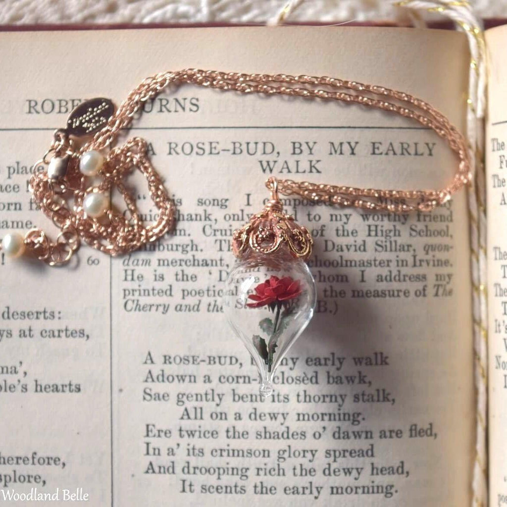 Rose Gold Red Rose Necklace - Flower Glass Pendant - Pink Gold Beauty & the Beast Necklace - Personalized Initials/Date, Gift for Wife