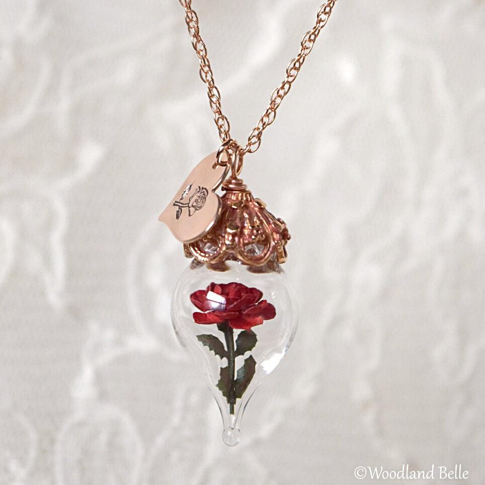 Rose Gold Red Rose Necklace - Glass Flower Pendant - Personalized Hand Stamped Initials/Date - Beauty & the Beast - by Woodland Belle