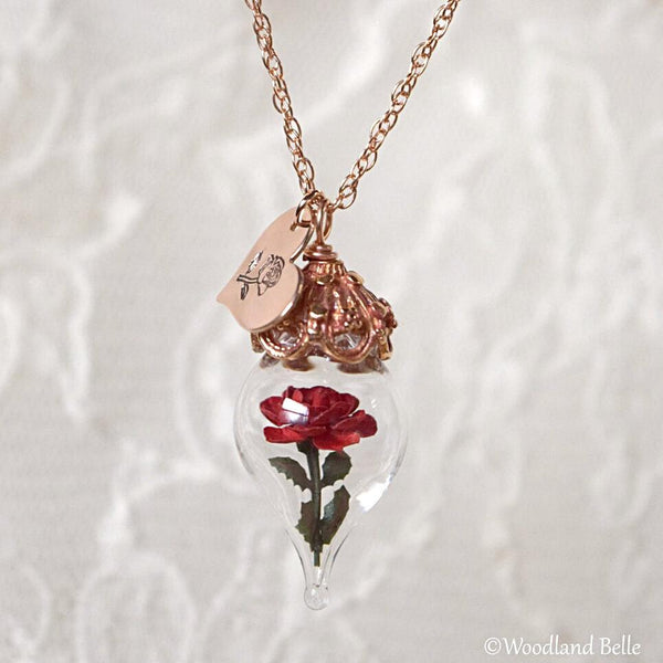 Rose Gold Red Rose Necklace Glass Flower Pendant Personalized