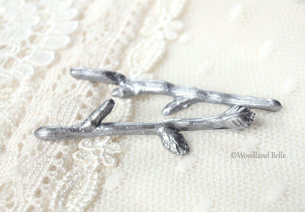 Silver Twig Hair Pins - Branch Hair Pins - Branch Bobby Pins - Twig Hair Clips in Antique Pewter by Woodland Belle.