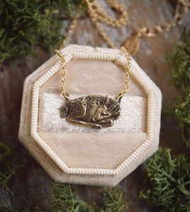 Sleeping Fawn Necklace - Bronze Fawn Deer Pendant - Small, Dainty Animal Charm Necklace - Mori Girl Cottagecore Necklace, by Woodland Belle
