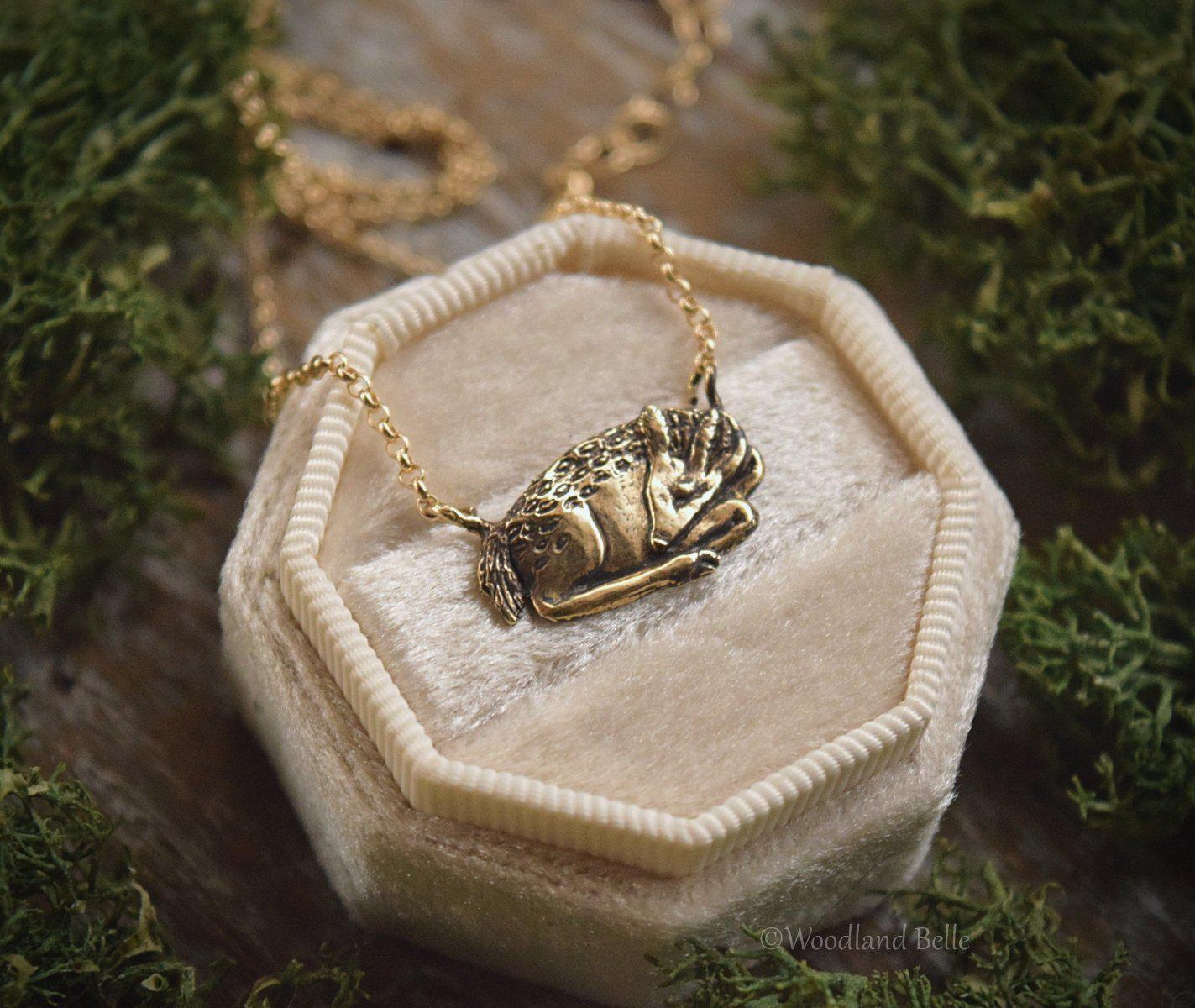 Sleeping Fawn Necklace - Sterling Silver Deer Pendant, Recyled - Small, Dainty Animal Charm Necklace - Deer Lover Gift - Woodland Belle