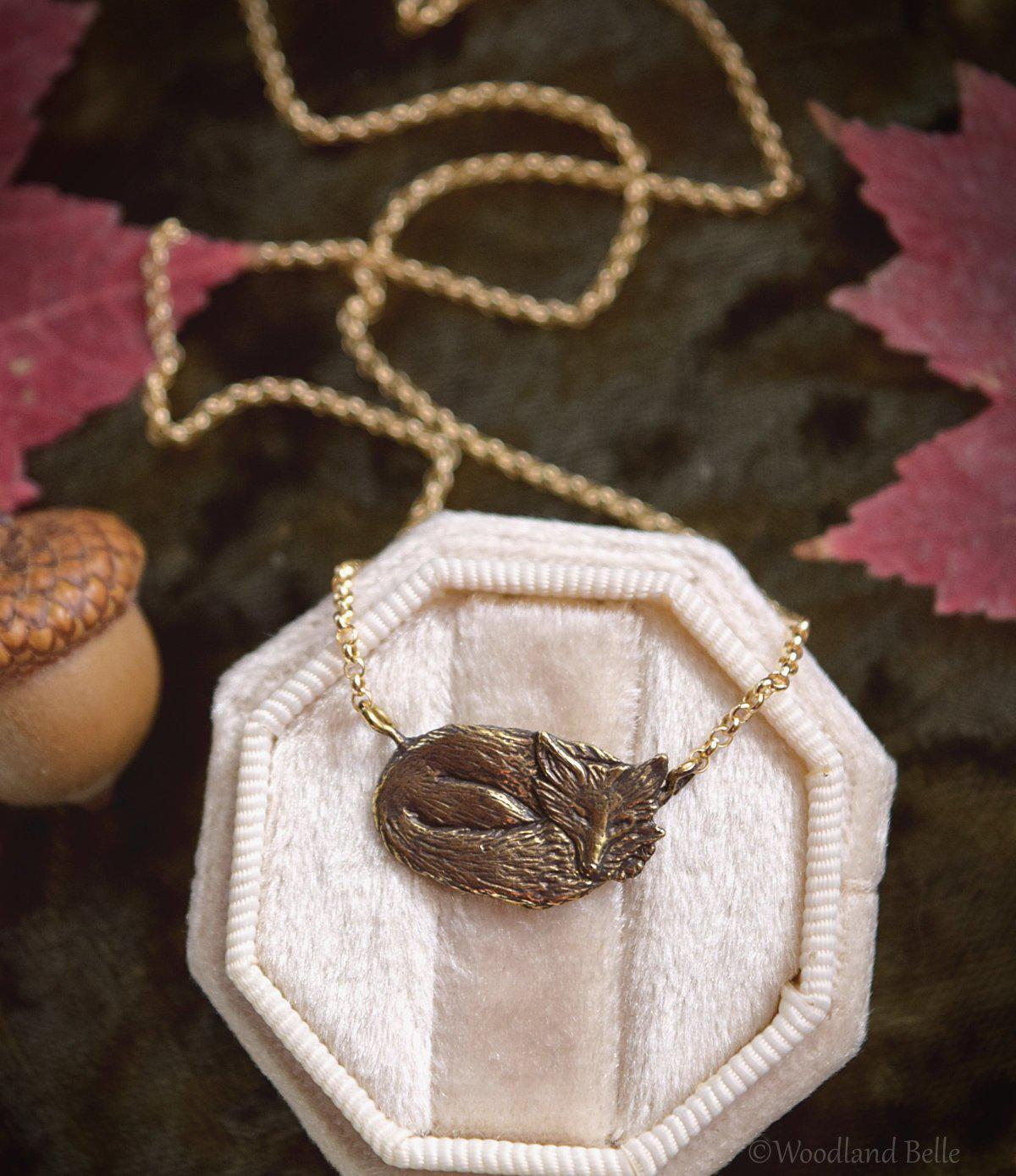 Sleeping Fox Necklace - Gold Bronze Small Fox Pendant - Small, Dainty Fox Charm - Cottagecore Animal Necklace - by Woodland Belle