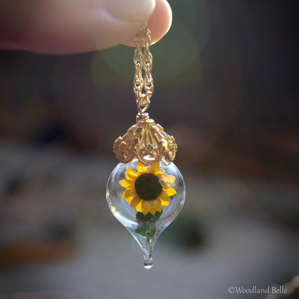 Sunflower Necklace - Rose Gold Glass Flower Pendant - Personalized Jewelry Gift - Gold, Sterling Silver, or Rose Gold - by Woodland Belle
