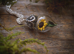 Sunflower Necklace - Rose Gold Glass Flower Pendant - Personalized Jewelry Gift - Gold, Sterling Silver, or Rose Gold - by Woodland Belle