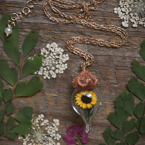Sunflower Necklace - Rose Gold Glass Flower Pendant - Personalized Jewelry Gift - Gold, Sterling Silver, or Rose Gold - by Woodland Belle