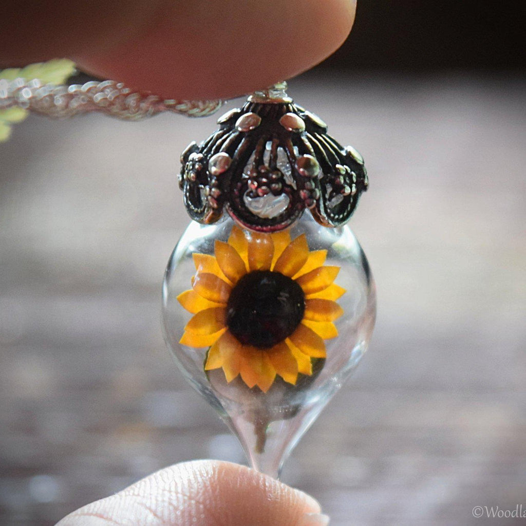 Sunflower Necklace - Silver Glass Yellow Flower Pendant - Personalized Jewelry Gift - Gold/Sterling Silver/Rose Gold - by Woodland Belle