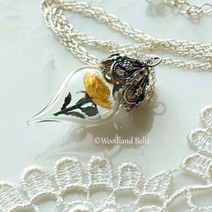 Yellow Rose Necklace - Glass Flower Pendant - Sterling Silver, Gold, or Rose Gold - Personalized Mother, Grandmother Gift -by Woodland Belle